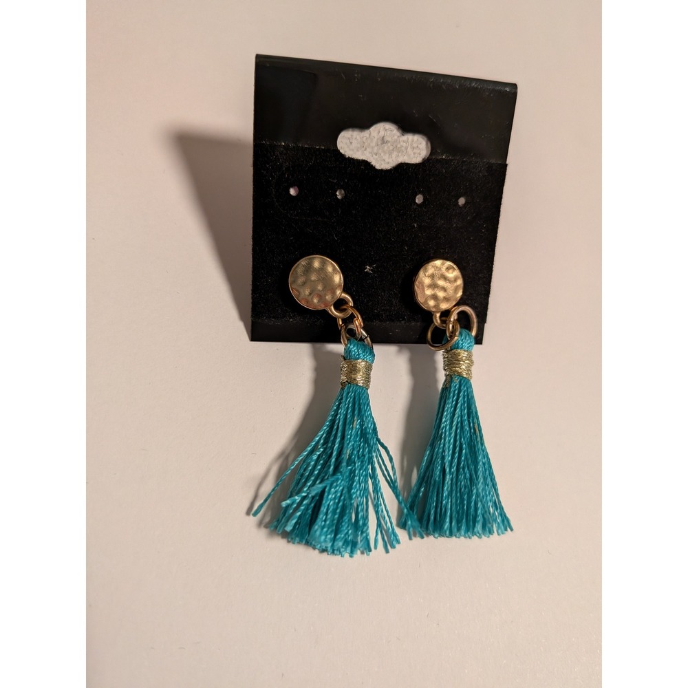 Turquoise Blue Tassel Drop Earrings Hammered Gold Tone Boho Statement‎ Studs